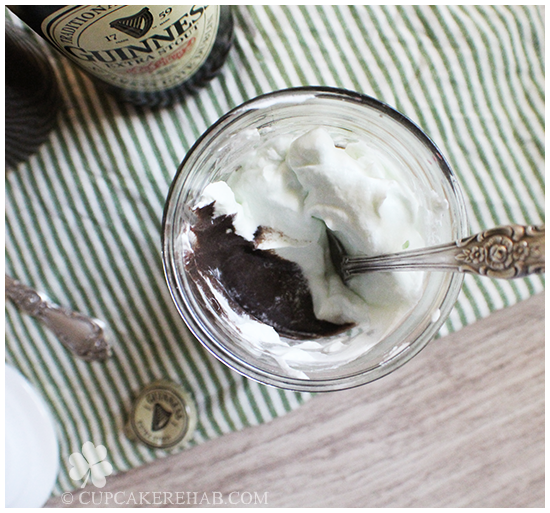 Dark chocolate Guinness pudding topped with creme de menthe whipped cream. Originally made for St. Patrick's Day but would also be great for Christmas! Substitute a chocolate or cream stout if desired.