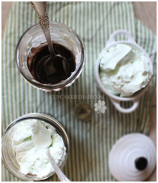 Dark chocolate Guinness pudding topped with creme de menthe whipped cream. Originally made for St. Patrick's Day but would also be great for Christmas! Substitute a chocolate or cream stout if desired.