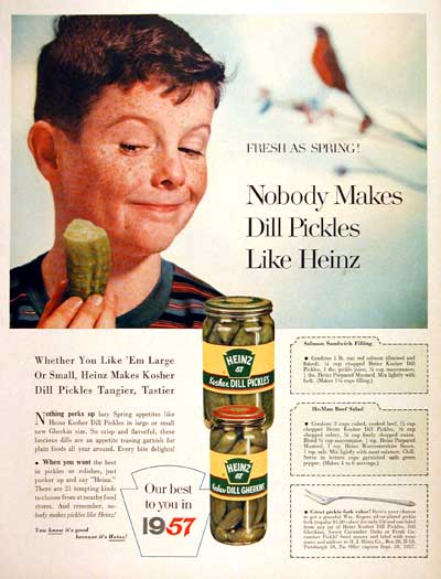 Retro 1957 Heinz Kosher dill pickle ad.
