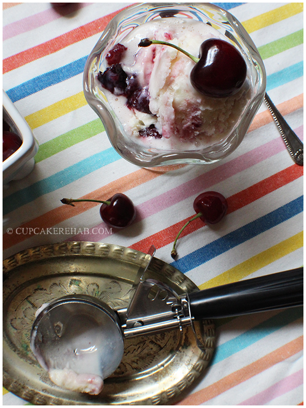 Delicious vanilla cherry swirl ice cream.