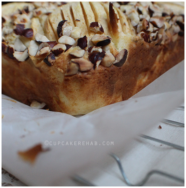 Apple cake with hazelnuts; a deliciously thick coffee cake with chopped & whole apples & chopped hazelnuts.