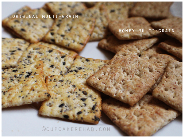 Close-up of two varieties of Milton's organic crackers: original multi-grain & honey multi-grain.