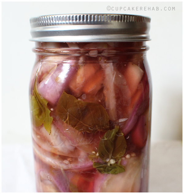 Eggplant pickled with red wine vinegar, garlic & black pepper. Can use any type of eggplant, not just the fairy tale variety.