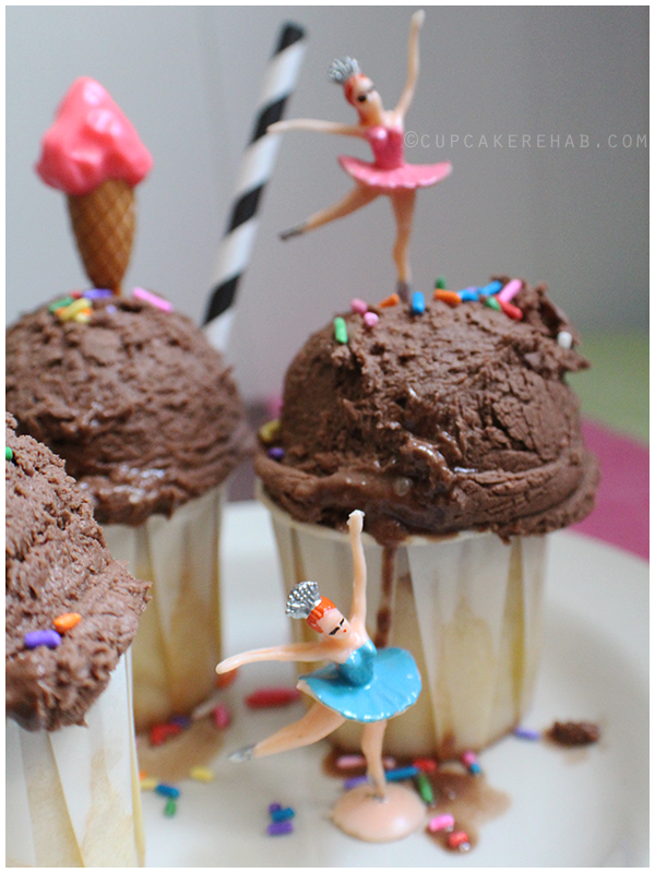 Birthday cupcakes: chocolate ice cream scooped onto vanilla cupcakes.