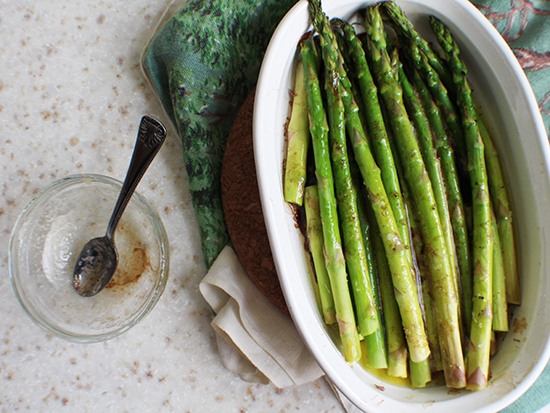 Roasted asparagus with brown butter balsamic vinegar sauce.