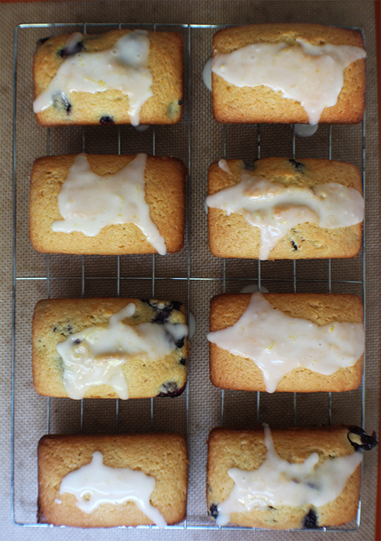 Lemon cakes, with or without blueberries, with a lemon glaze.