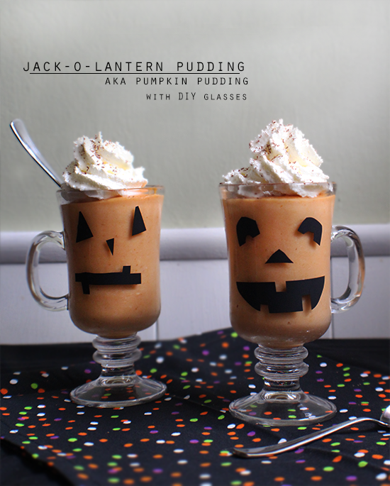 Jack-O-Lantern puddings! With a DIY for cute jack-o-lantern glasses.