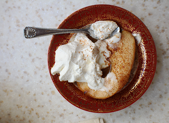 Maple brown sugar roasted pears with bourbon whipped cream.