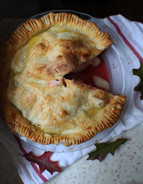 Apple-cranberry pie: apple pie with a layer of cranberry sauce.