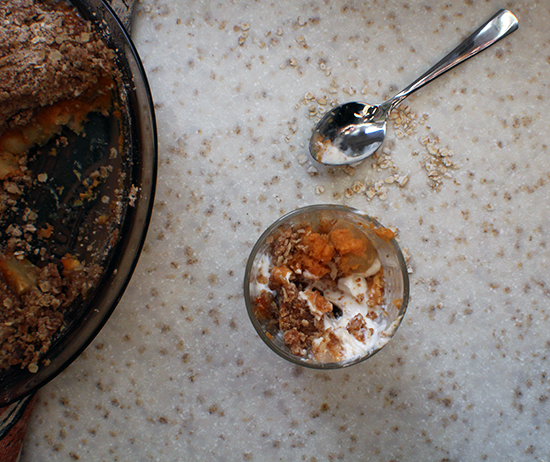 Dutch apple-pumpkin crisp stirred into vanilla yogurt.