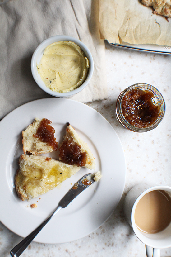 Simple scones, vanilla butter and caramel ginger pear jam. Click through for all three recipes!