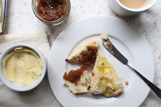 Simple scones with homemade vanilla butter & caramel ginger pear jam.