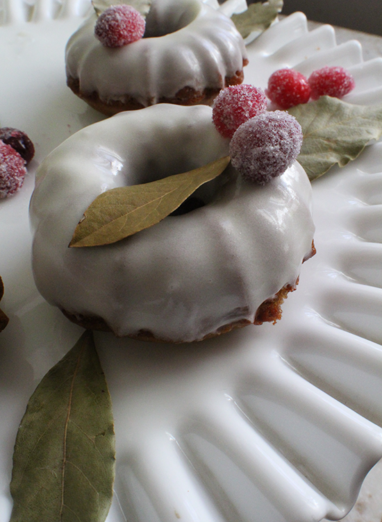 Mini-bundt gingerbread cakes with sugared cranberries.