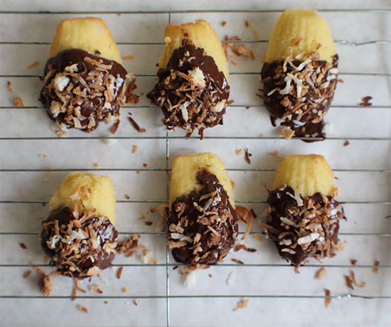 Joy-full madeleines; almond madeleine cookies with chocolate coating and toasted coconut. 