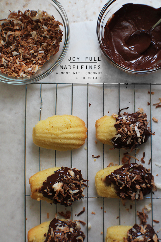 Joy-full madeleines; almond madeleine cookies with chocolate coating and toasted coconut.