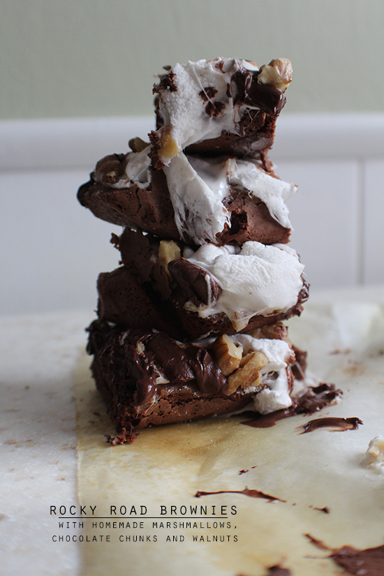 Rocky road brownies with homemade marshmallows, chocolate chunks and walnuts.