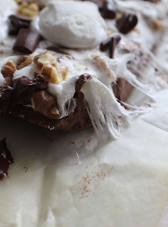 Rocky road brownies; homemade marshmallows, chocolate chunks and walnuts topping rich chocolate brownies.