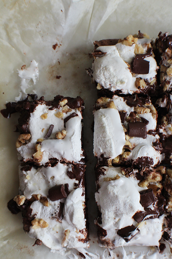 Rocky road brownies; homemade marshmallows, chocolate chunks and walnuts topping rich chocolate brownies.