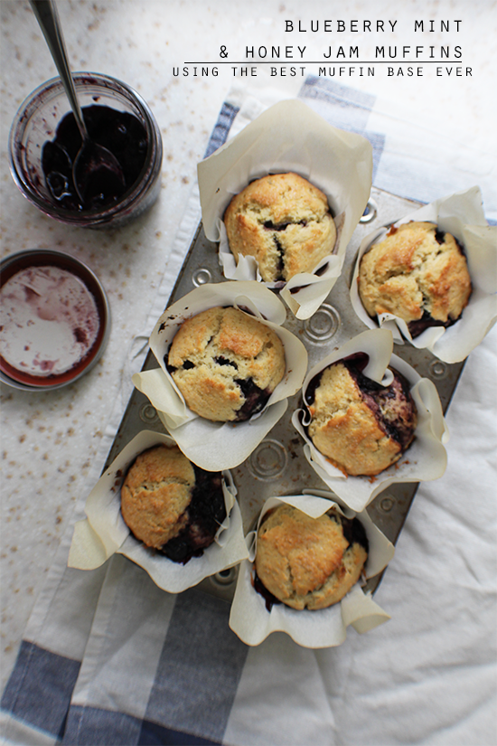 Blueberry honey & mint jam muffins, using the best muffin base EVER.