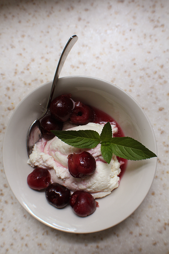 Cherries in coconut syrup, served over a sweetened ricotta with fresh mint.