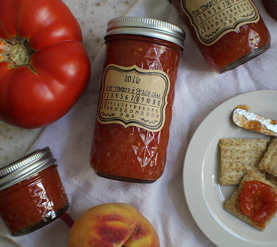 Hot tomato and peach jam with Red Rocket chili peppers.
